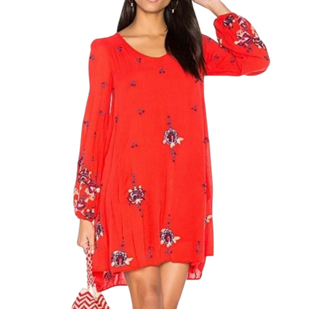 REVOLVE FREE PEOPLE Women's Size Small Oxford Embroidered Mini Dress Red Combo